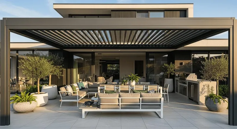 Architectural louvre roof integrated with the home's design — Smeaton Grange, NSW
