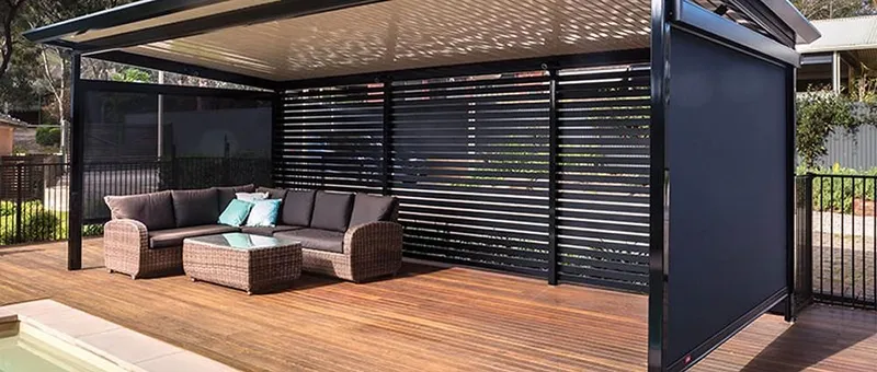 Motorised outdoor blinds protecting against wind and rain — Miranda, NSW